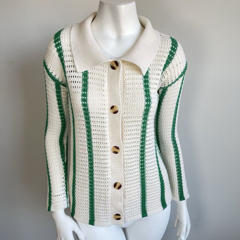 Womens Crochet Collared Cardigan Small Cream Green Stripes Cottage Coastal Beach